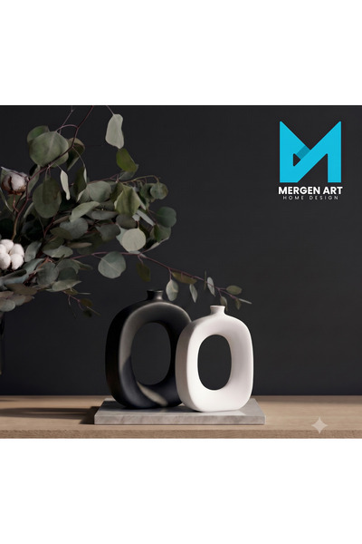 Mergen Art Modern Taş Tozu Modern Halka Vazo Seti 2'li Mat Beyaz (21/18 cm) -...