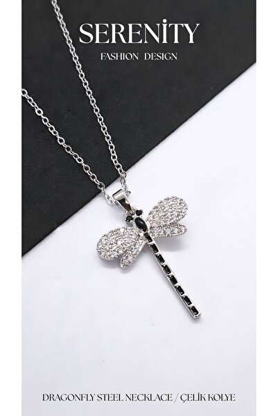 Serenity Black Zircon Stone Dragonfly Steel Necklace