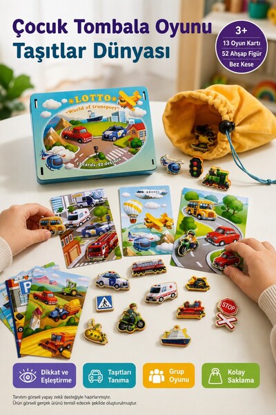 TOYFEST Wooden Children's Bingo Game Vehicles World 52 Wooden Pieces 13 Cards...
