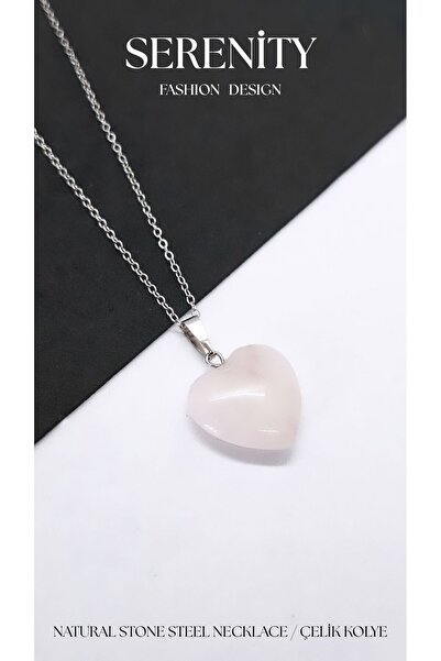 Serenity Pink Quartz Natural Stone Heart Steel Necklace