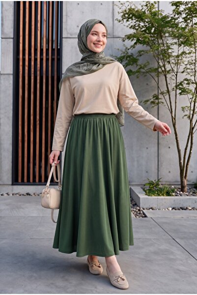 Modamorfo Beli Lace-Up Elastic Pocketed Combed Cotton Skirt -Khaki