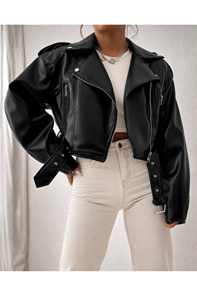 ELUVIA FASHION Yeni Sezon Kemerli Oversize Crop Deri Ceket, Fermuar Detaylı B...