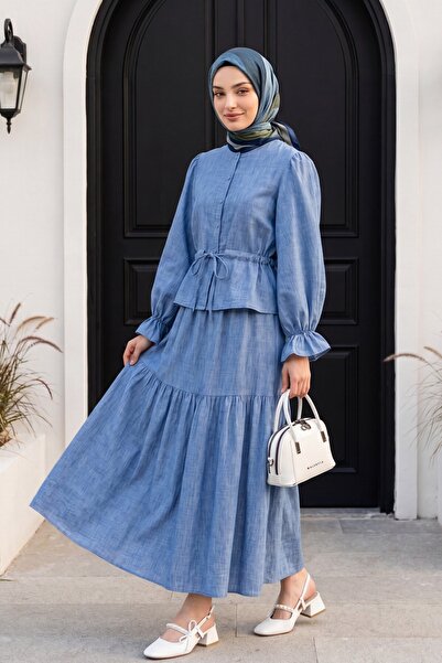 Modamorfo Buttoned Front, Elastic Sleeves, Tunnel Lacing, Linen Look Suit - Blue