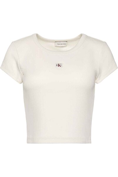Calvin Klein A- Woven Label 2X2 Rib Baby Tee Kadın Bisiklet Yaka T-Shirt Beyaz