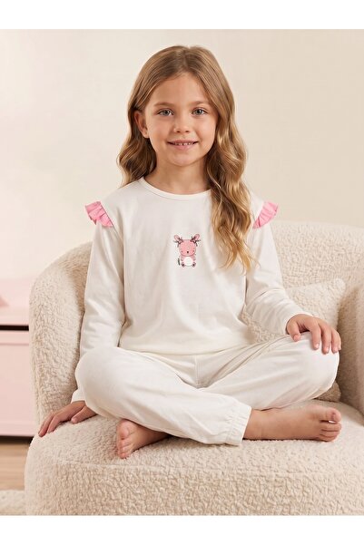 Tinymuyt Girl's Printed Combed Cotton 2-Piece Pajama Set Beige