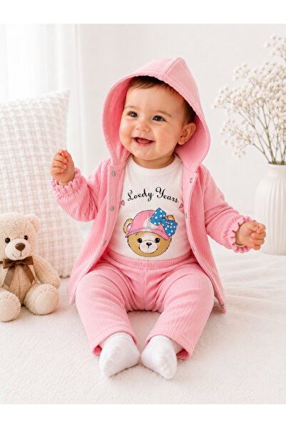 Kız Bebek 3-12 Ay 3lü Takım, Uzun Kollu Ayıcık Desenli Çıtçıtlı Zıbın Body, Kapüşonlu Ceket, Uzun Alt Eşofman, Pamuklu