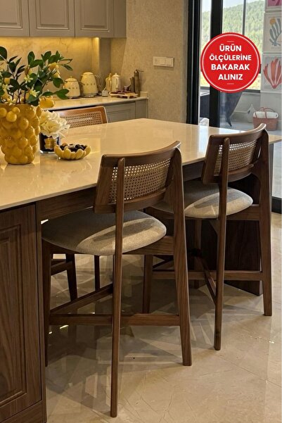 silla 2'li Zion Bar Sandalyesi Teddy Krem Kumaş Hasırlı Ceviz Ahşap Ada Sanda...