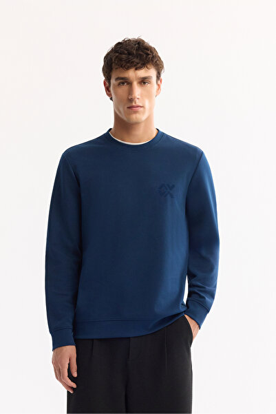 Avva Men's Petrol Blue Crew Neck Cotton Bi-Stretch Basic Regular Fit Sweatshi...