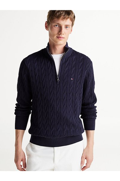 Tommy Hilfiger Erkek CLASSIC COTTON CABLE ZIP MOCK Kazak-Lacivert