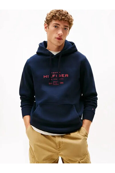 Tommy Hilfiger Erkek Marka Logolu Kapüşonlu Organik Pamuklu Kanguru Ceplli Gü...