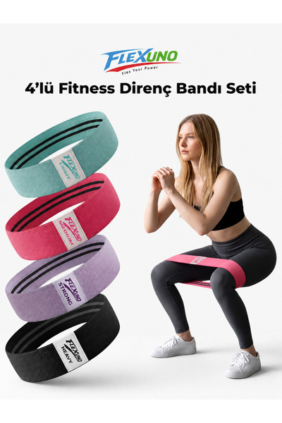 Flexuno Fitness Direnç Bandı 4 lü Set Kaydırmaz Özellikli Kumaş Aerobik Squat...