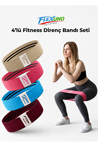Flexuno Fitness Direnç Bandı 4 lü Set Kaydırmaz Özellikli Kumaş Aerobik Squat...