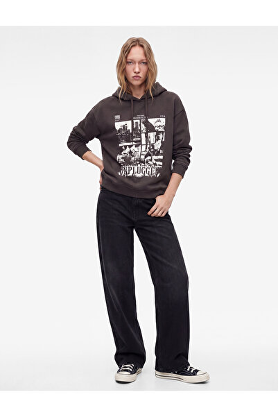 Koton Ruffled Comfortable Fit Printed Long Sleeve Hooded Sweatshirt