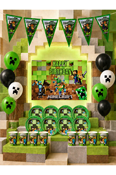MINECRAFT 8-Person Birthday Party Supplies Ornaments Set with Flags and Banners