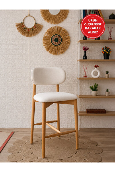 silla Polo Bar Sandalyesi Teddy Krem Kumaş Naturel Ahşap Ada Sandalye