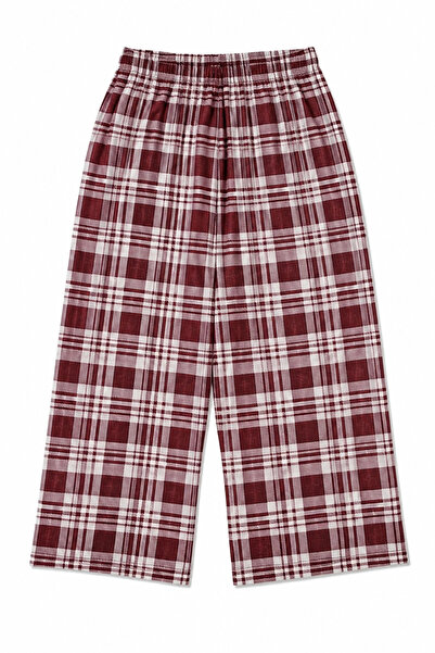 Erdenay Tekstil Patterned Combed Cotton Below Knee Plus Size Mother Women's Capri Burgundy Large Plaid