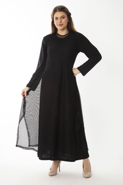 Şans Women's Large Size Black Outer Mesh Inner Dress Double Dress 65N37033