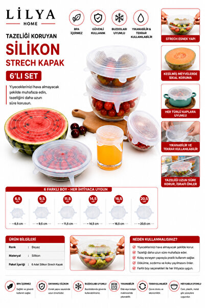 Lilya Home Tazeliği Koruyan Silikon Strech Kapak  6'lı