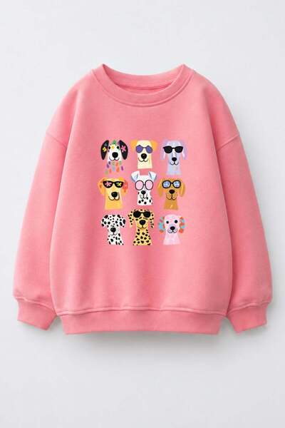 Monila Kız Çocuk 3 İplik Kumaş Pamuklu Köpek Baskılı Sweatshirt