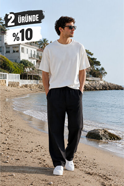 Kozik Men's Black 100% Cotton Linen Blend Relaxed Fit Pants Comfortable Cut