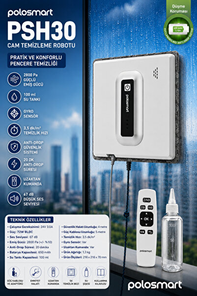 Polosmart PSH30 Akıllı Uzaktan Kumandalı Kare Cam Temizleme Robotu 2800 Pa Beyaz