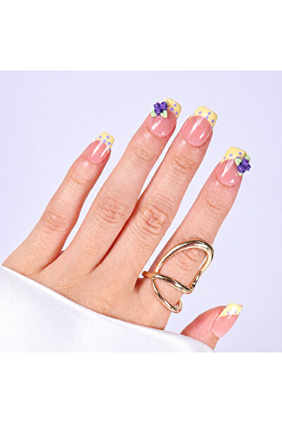 Takma Takma Sarı Nail Art Kısa Balerin El Yapımı Takma Tırnak KKBL-3541 Sarı-XS