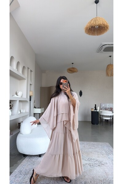 Buket Teke Beige Chiffon Dress Cape Set
