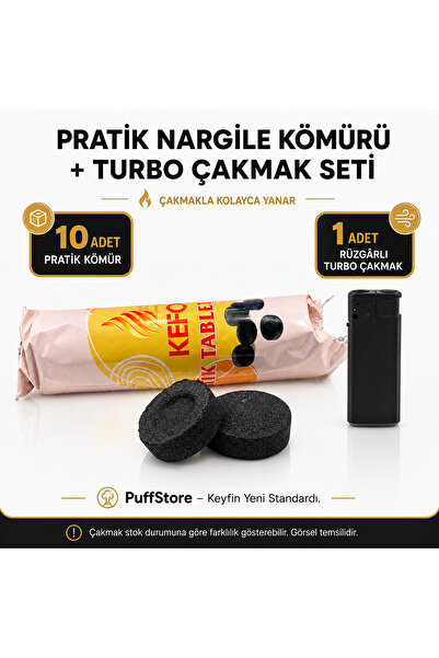 10’lu Pratik Nargile Kömürü ve Rezistanslı Rüzgârlı Turbo Çakmak Seti