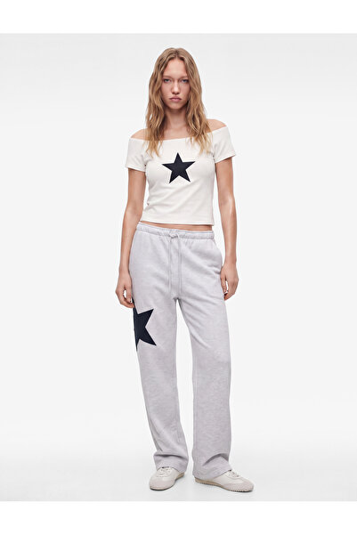 Koton Lace-Up Waist, Star Appliqué Detail, Comfortable Fit, Wide-Leg Sweatpants