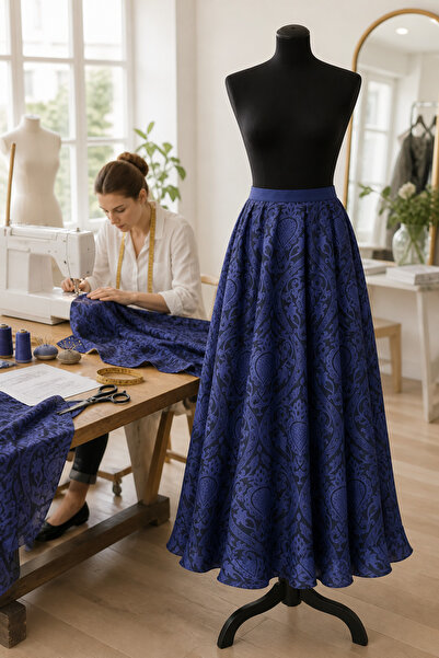 Muslima Wear Venera Siyah Mavi Oryantal Çiçek Ve Yakut Desenli Çift Astarlı I...