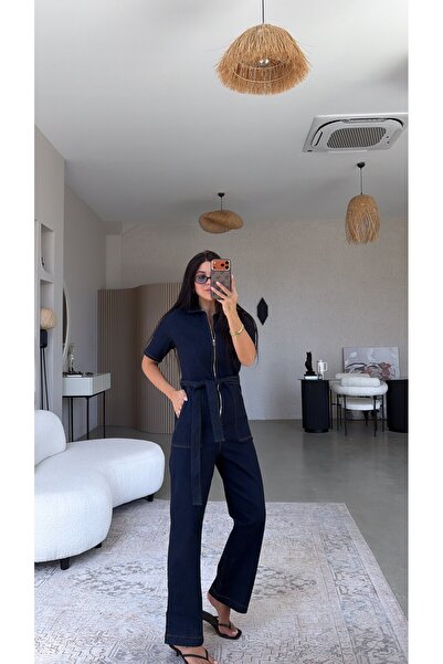 Buket Teke Navy Blue Zipper Detailed Jean Jumpsuit