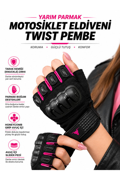MOTOKIT Twist Pembe / Yarım Parmak - Kaymaz Avuç İçi Kadın Motosiklet Eldiven...
