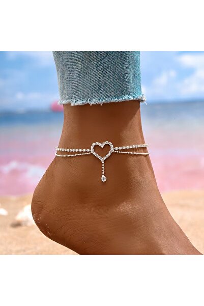 Choice silver Shiny Bling Heart Drop Tassel Charm Double Layer Anklet Women B...