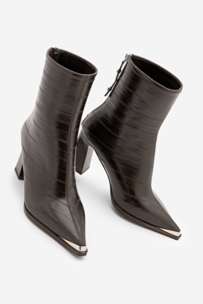 Marjin Women's Pointed Toe Back Zipper Thick Heeled Boots Zavoli Brown Croco