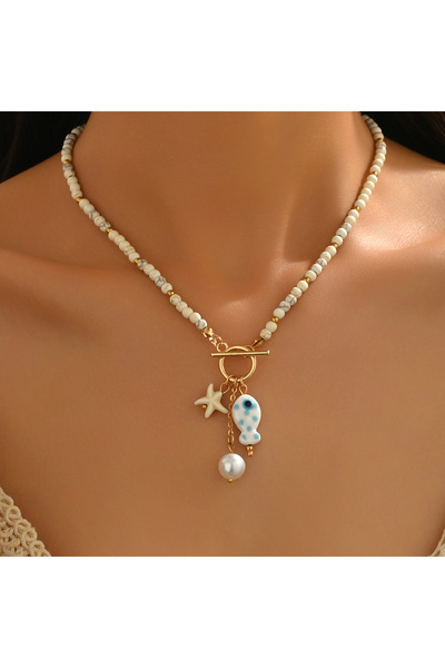 Choice White ZAKOL Bohemian Sea-Inspired Ceramic Fish & Starfish Pendant Neck...