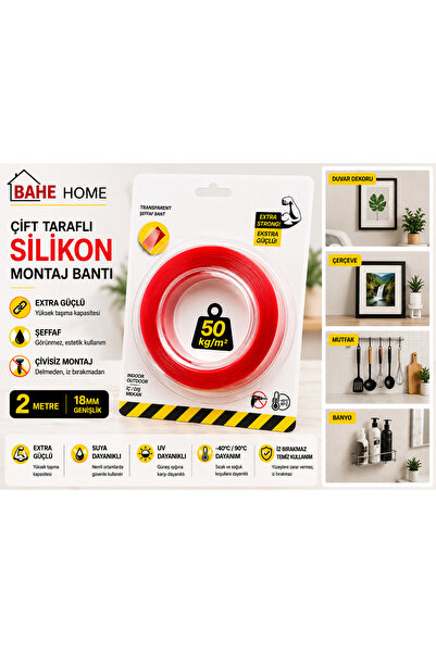 bahe home Çift Taraflı Silikon Montaj Bandı Extra Güçlü Şeffaf Yapıştırıcı, Ç...
