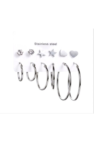 Siya Silver Heart Star Zircon Stone Detailed 6 Pairs Steel Hoop Earring Set (...