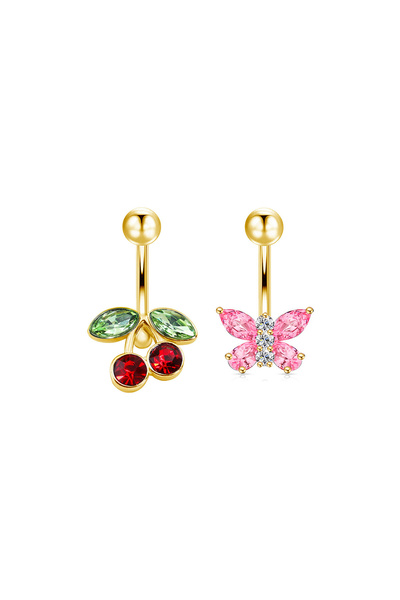 Choice Set 3 2pcs Stainless Steel Cherry Butterfly Belly Button Rings Shiny C...