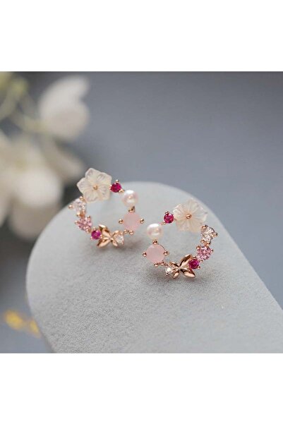 Choice Gold Y2k Pink Crystal Flower Pearl Butterfly Ear Studs Summer New Arri...