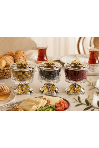 Fiyakalı Ürünler Atölyesi 3-Piece Footed Silver Timeless Glass Magnolia Bowl, Butterfly Lid Ice Cream Bowl, Sugar Bowl, Cookie Bowl