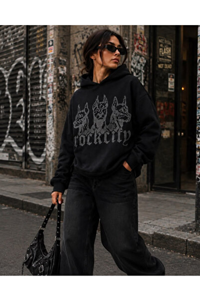 rockcity Siyah Taşlı Oversize Sweatshirt