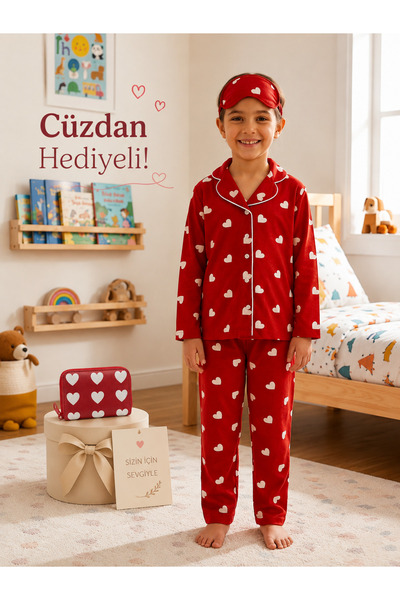 ALİŞ KİDS Dívčí bavlněný semišový pyžamový set s červeným vzorem srdce, košil...