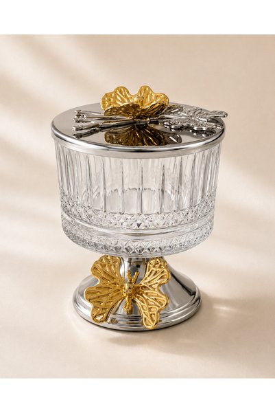 Fiyakalı Ürünler Atölyesi Timeless Silver Magnolia Glass Bowl - 2-Piece Footed, Butterfly Lid Ice Cream and Sugar Bowl Snack Bowl