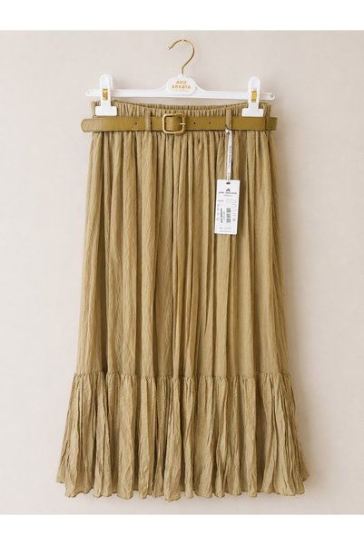 ARİF AKKAYA Textured Fabric Lined Khaki Gold Skirt - Belt Detail & Elastic Waist