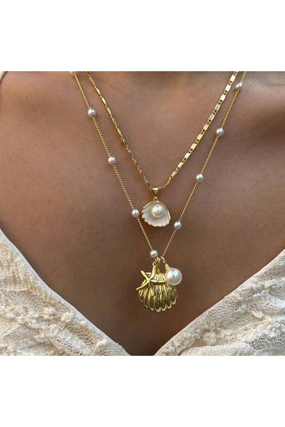 Choice Gold 2pcs/set Fashion Shell Starfish Imitation Pearls Pendant Necklace...