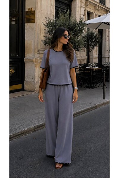 talyambutik Women's Mercerized Knitwear Pants Set with Front Embroidery Details