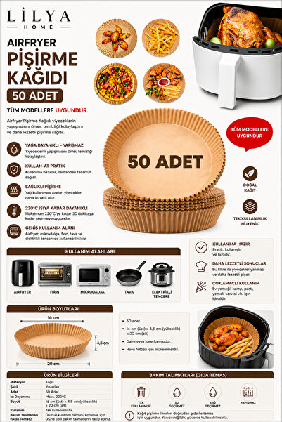 Lilya Home Airfryer Pişirme Kağıdı 50 Adet Hava Fritözü Airfryer Firitözü Air...