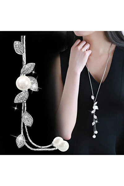 Choice Silver Fashion Elegant Rhinestone Leaf Pearl Tassel Long Necklace for ...