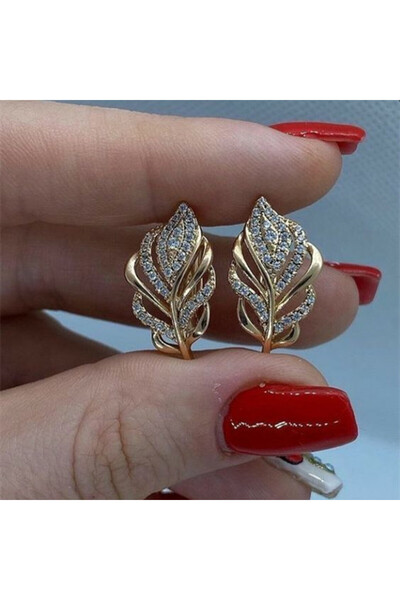 Choice E2885 Huitan Leaf Shaped Hoop Earrings Gold Color Cubic Zircon Brillia...