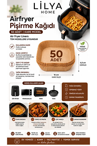 Lilya Home Airfryer Pişirme Kağıdı 50 Adet Hava Fritözü Kare Model Pişirme Ka...